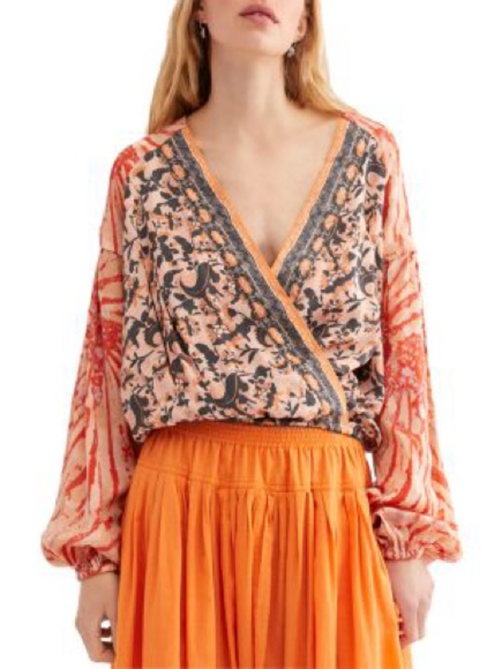 Free People Bohemian Floral Faux Wrap Blouse in Peach-Orange